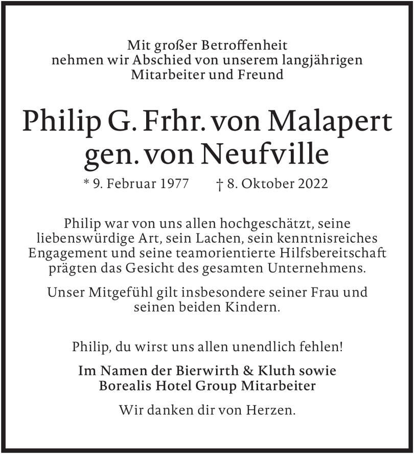 Traueranzeige Philip von Malapert-Neufville